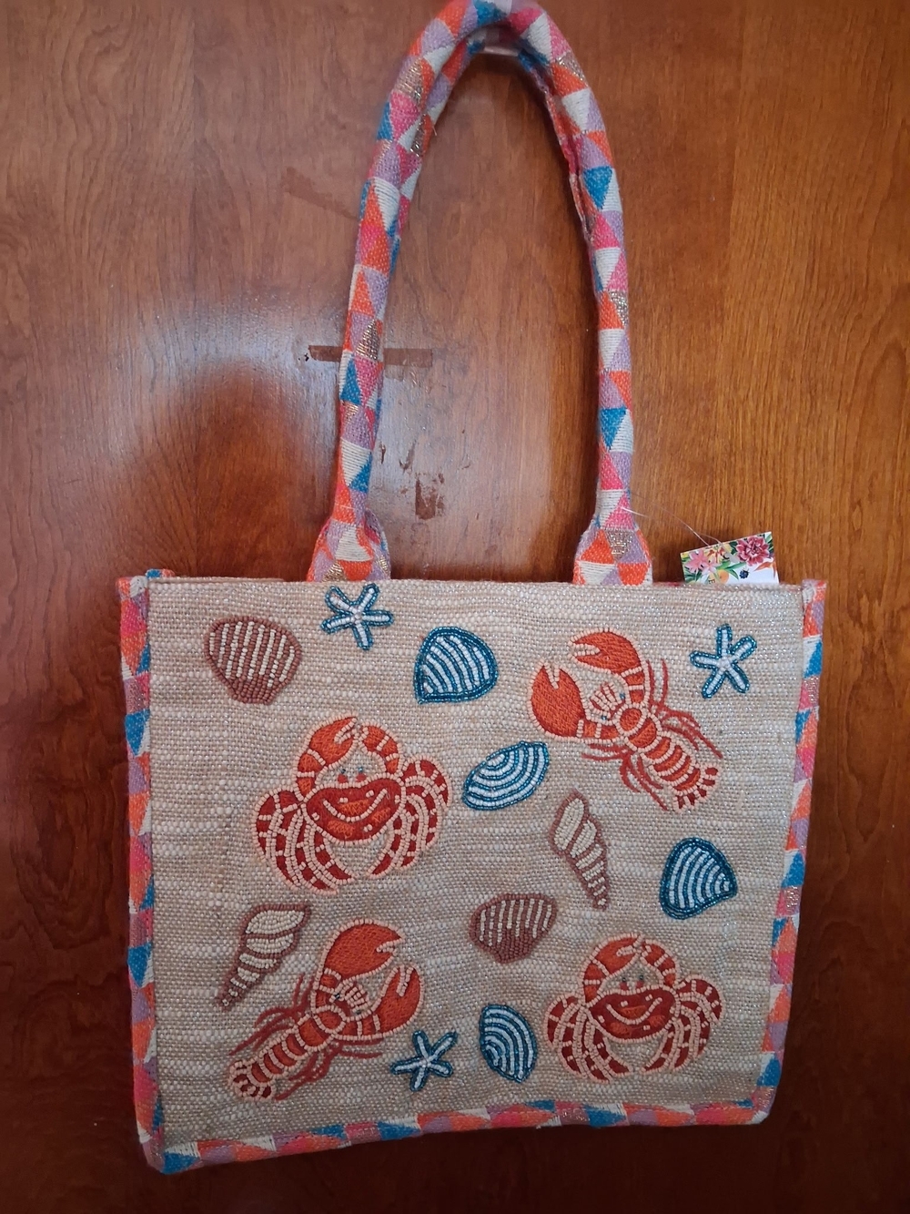 Embroidered Coastal Crab Canvas Tote Bag in Natural and Coral